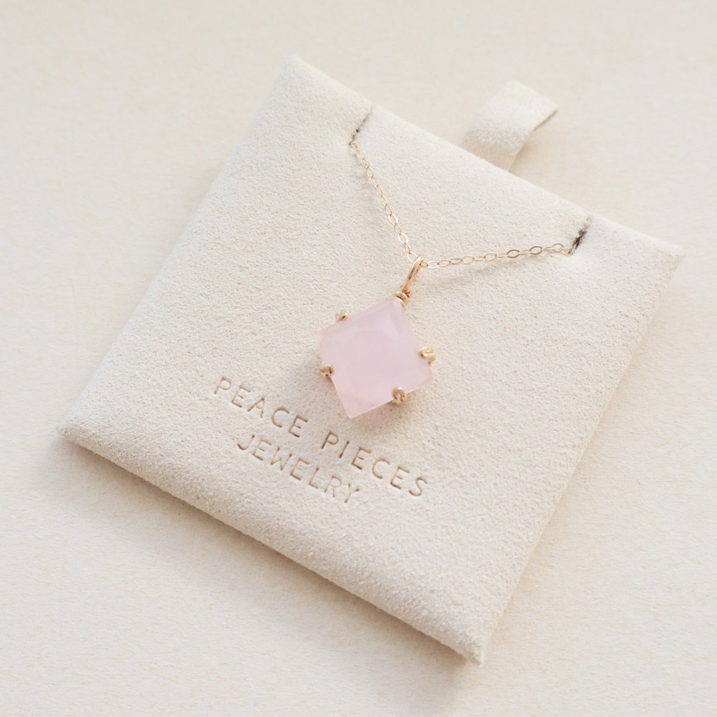 Pink Square Rose Quartz Necklace PeacePiecesJewelry
