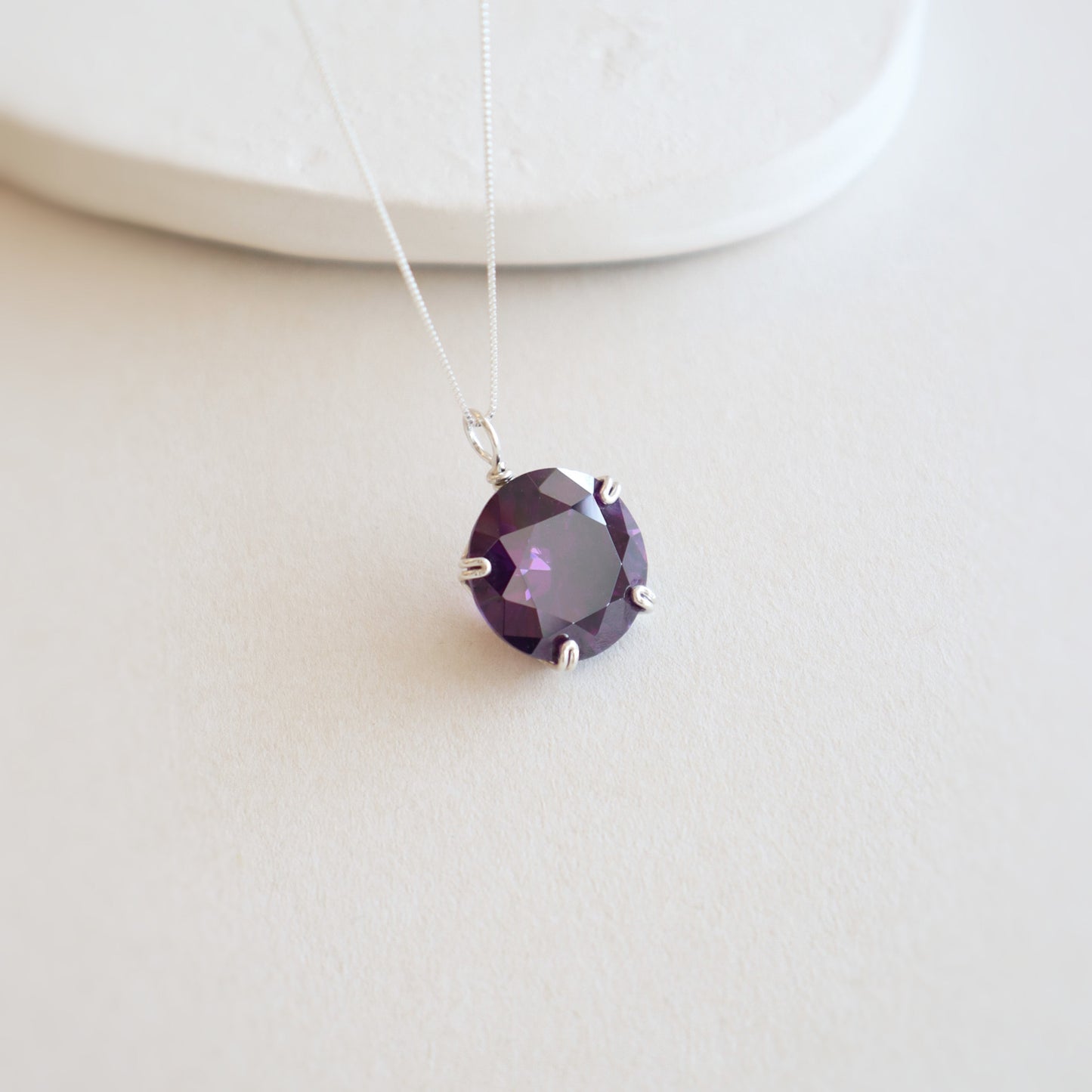 Round Dark Amethyst Gemstone Silver Necklace