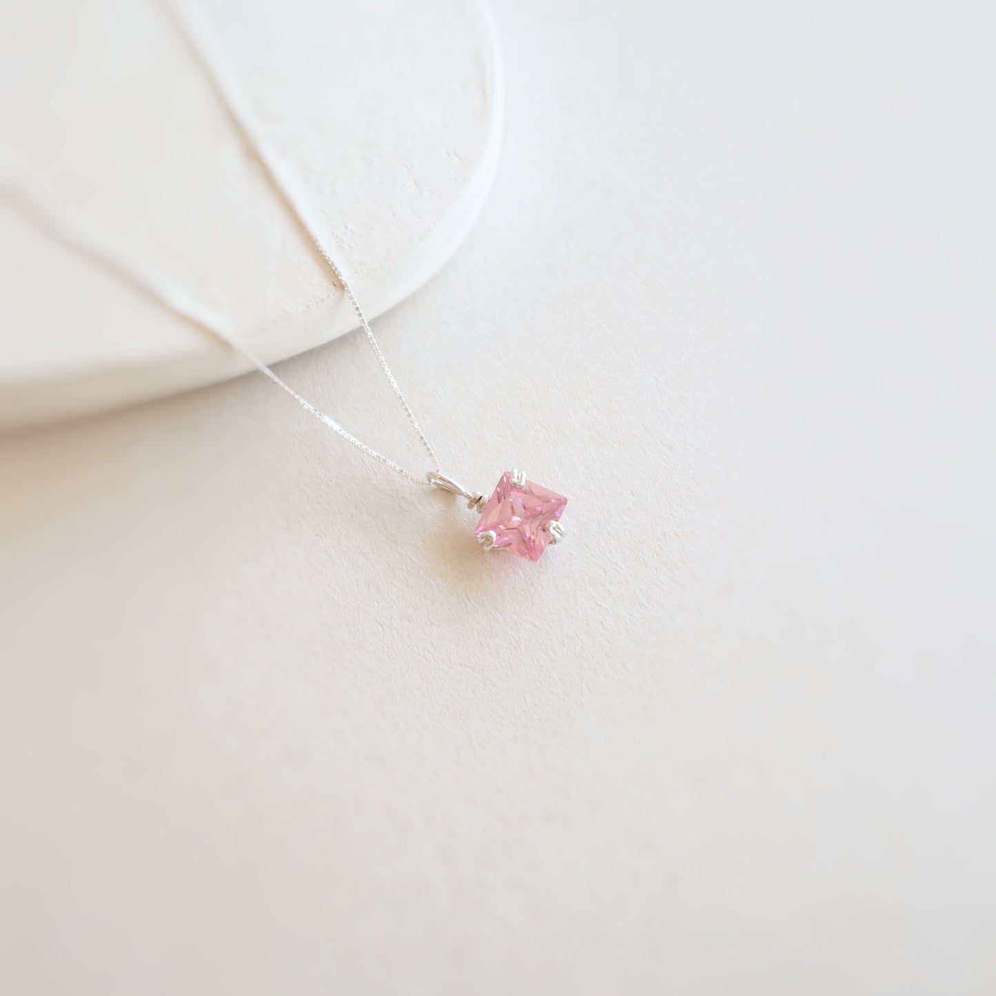 Square Pink Zircon Gemstone Silver Necklace