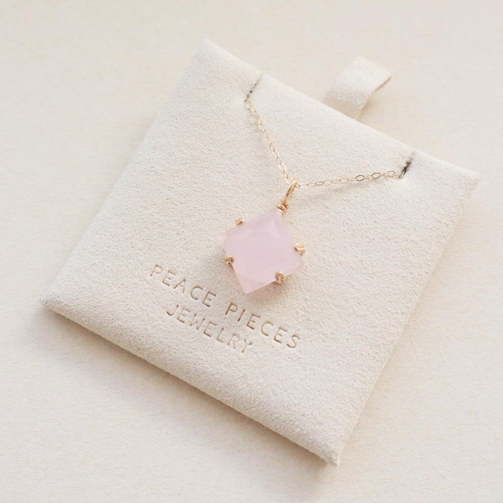 Pink Square Rose Quartz Necklace PeacePiecesJewelry