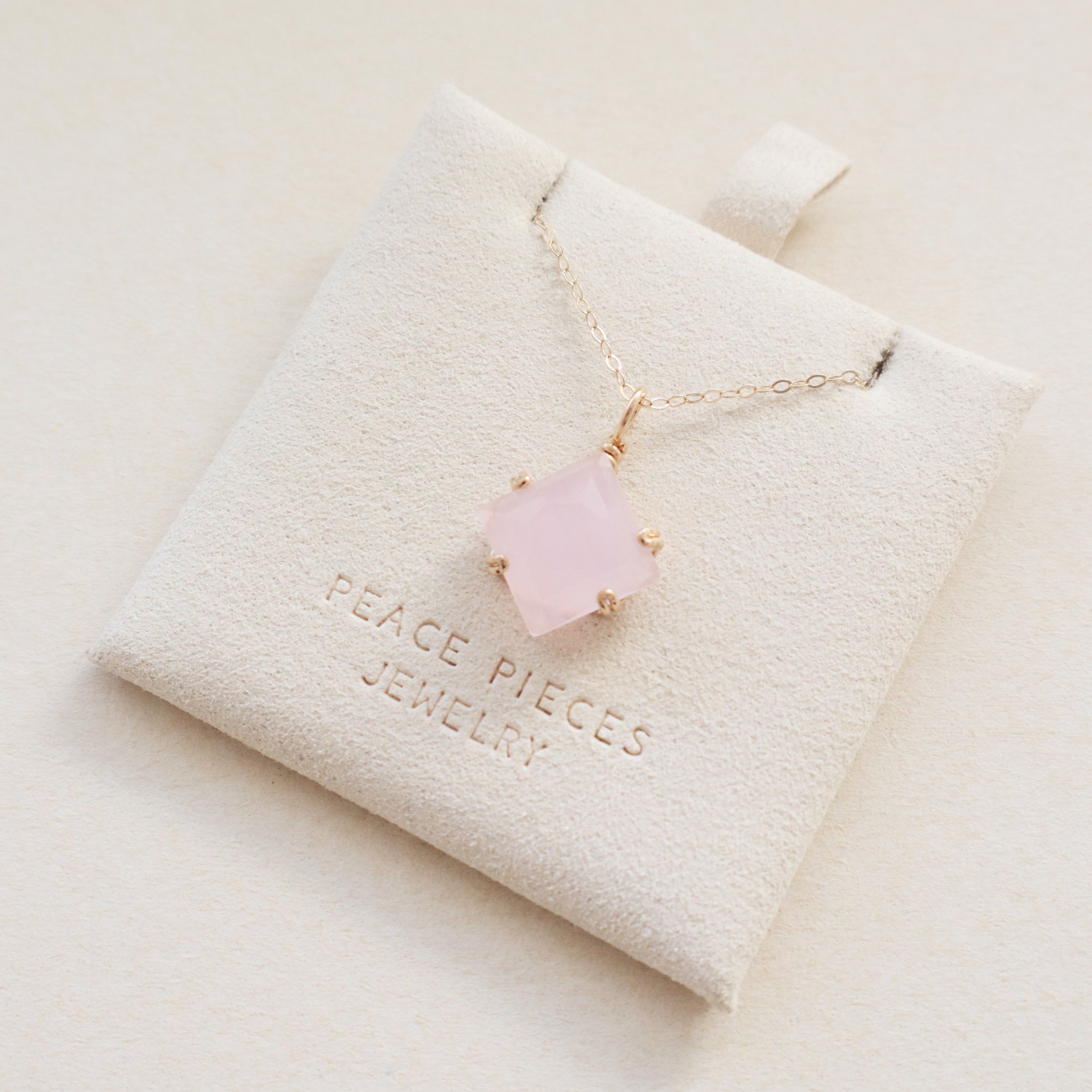 Pink Square Rose Quartz Necklace PeacePiecesJewelry