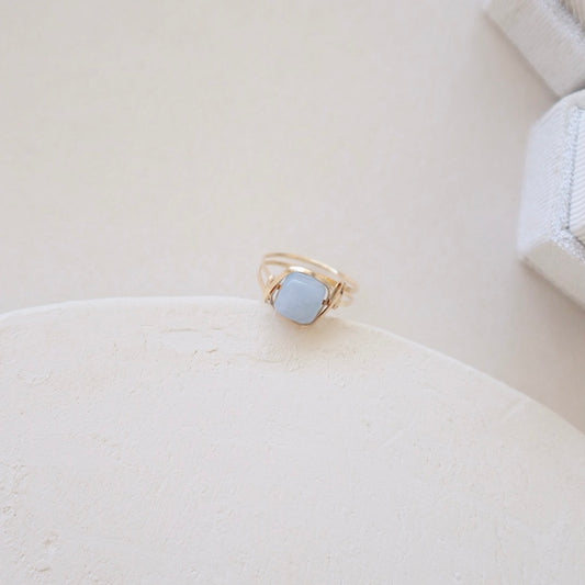 Square Aquamarine Flat Wire Gold Ring - PeacePiecesJewelry