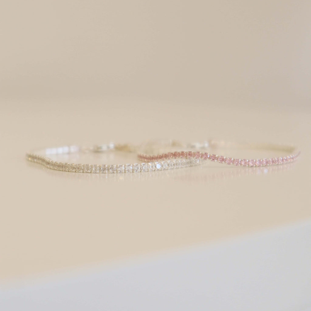 Tennis Bracelet Pink & White Silver Set