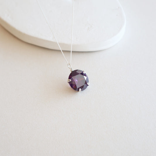 Round Dark Amethyst Gemstone Silver Necklace