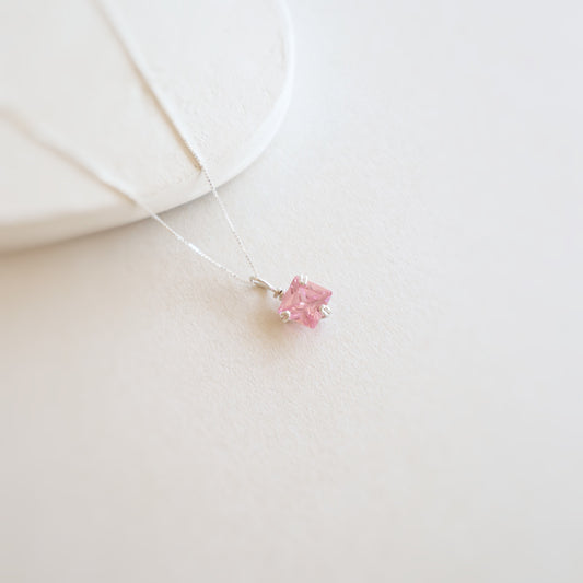 Square Pink Zircon Gemstone Silver Necklace