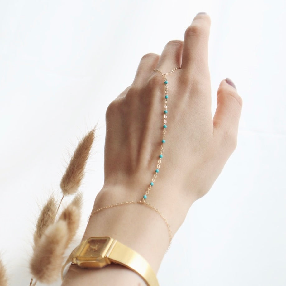 Blue Epoxy Gold Hand Chain - PeacePiecesJewelry