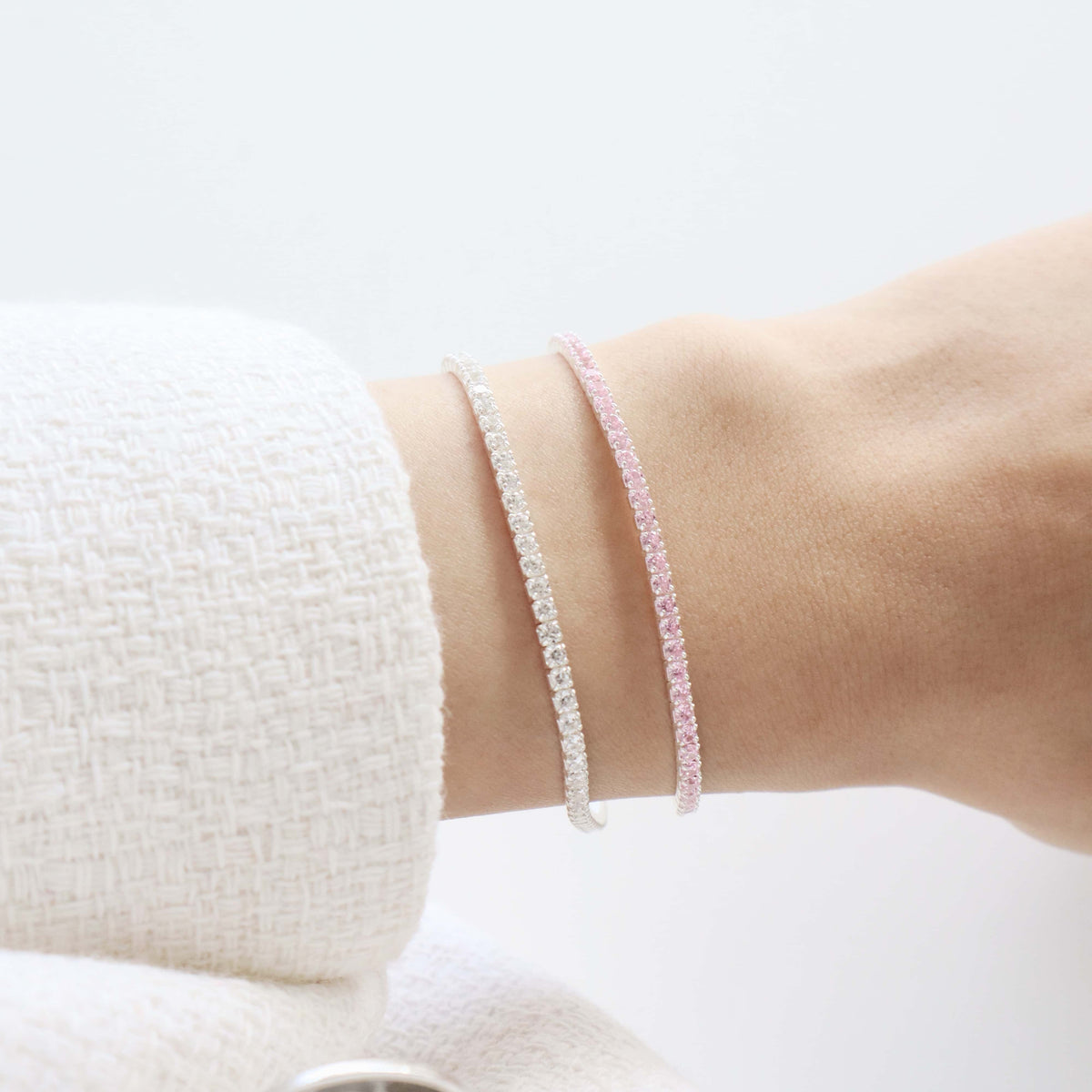 Tennis Bracelet Pink & White Silver Set